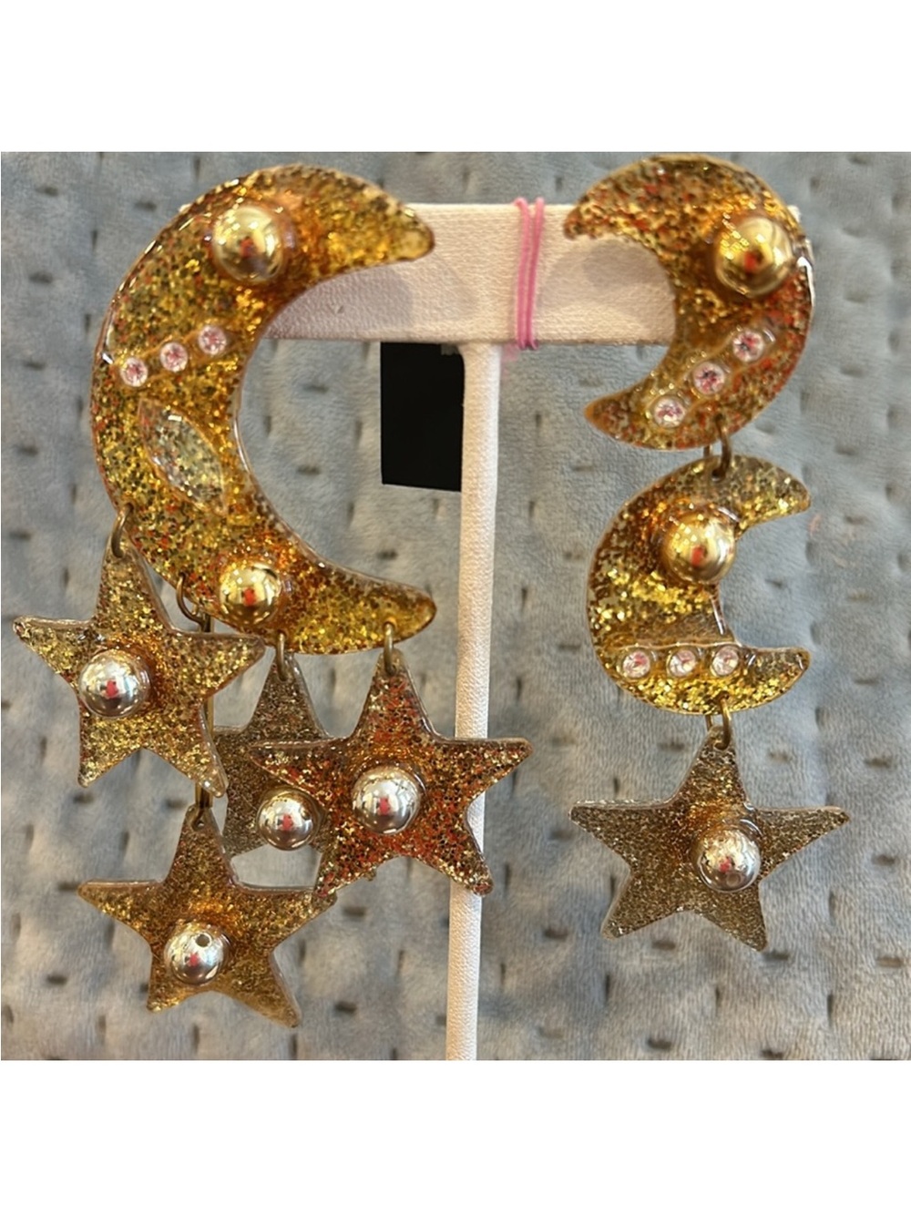 Gold Glitter Moon and Star Dangle Earrings - Sparkling Gold Drop Earrings